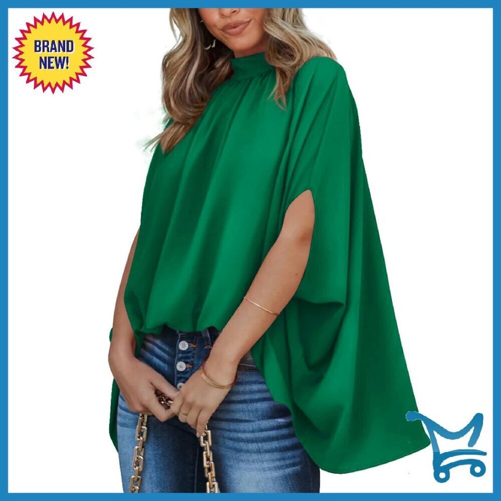 Mock Neck Batwing Sleeve Blouse High Low Hem Oversized Satin